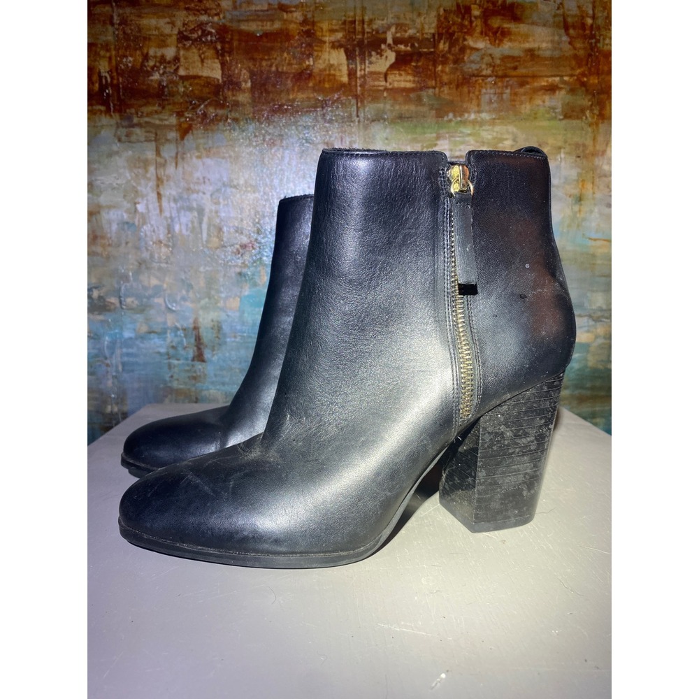 Aldo Noemieflex Black Leather Ankle Boots Block Heel Gold Zip‎ Womens Size 9